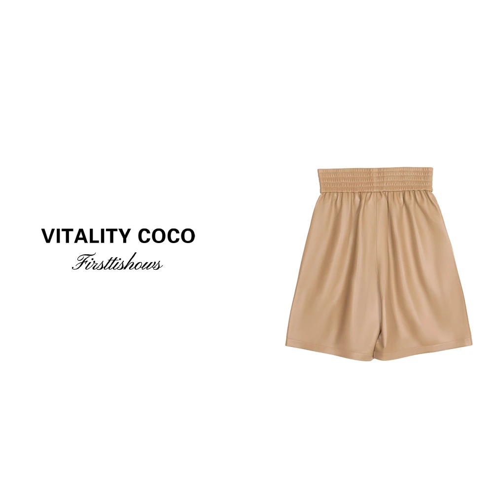 「VITALITY COCO」休闲宽松绵羊皮五分裤高腰真皮百搭皮裤-342