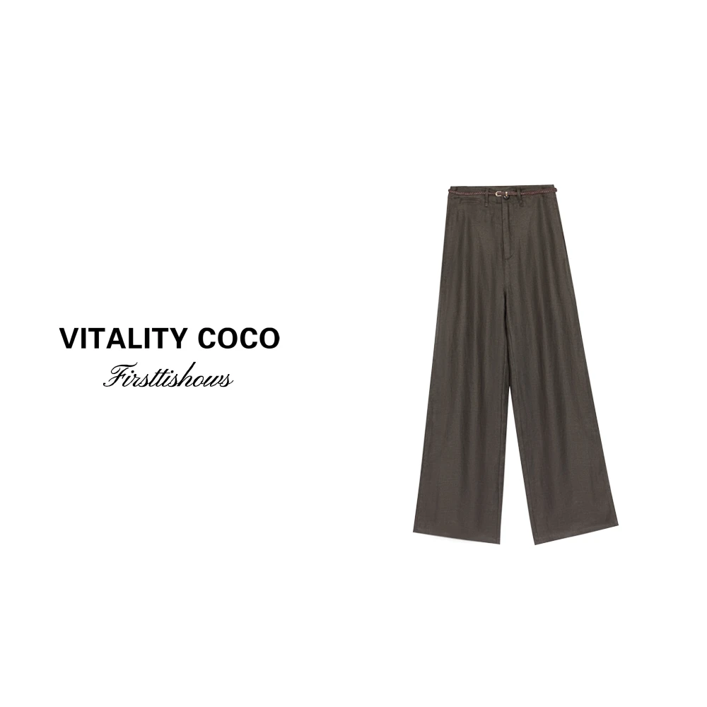 「VITALITY COCO」【松石绿】100亚麻松紧腰阔腿慵懒腰带休闲裤-1280