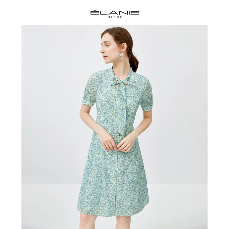 【小水专属】依兰 新款时尚收腰系带领法式雪纺连衣裙 E21UC0703L