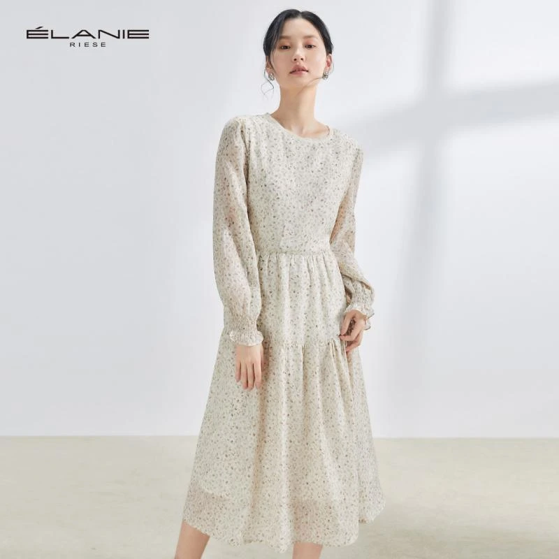 ELANIE RIESE 拼接大裙摆浪漫印花雪纺连衣裙 E21W1C03L6