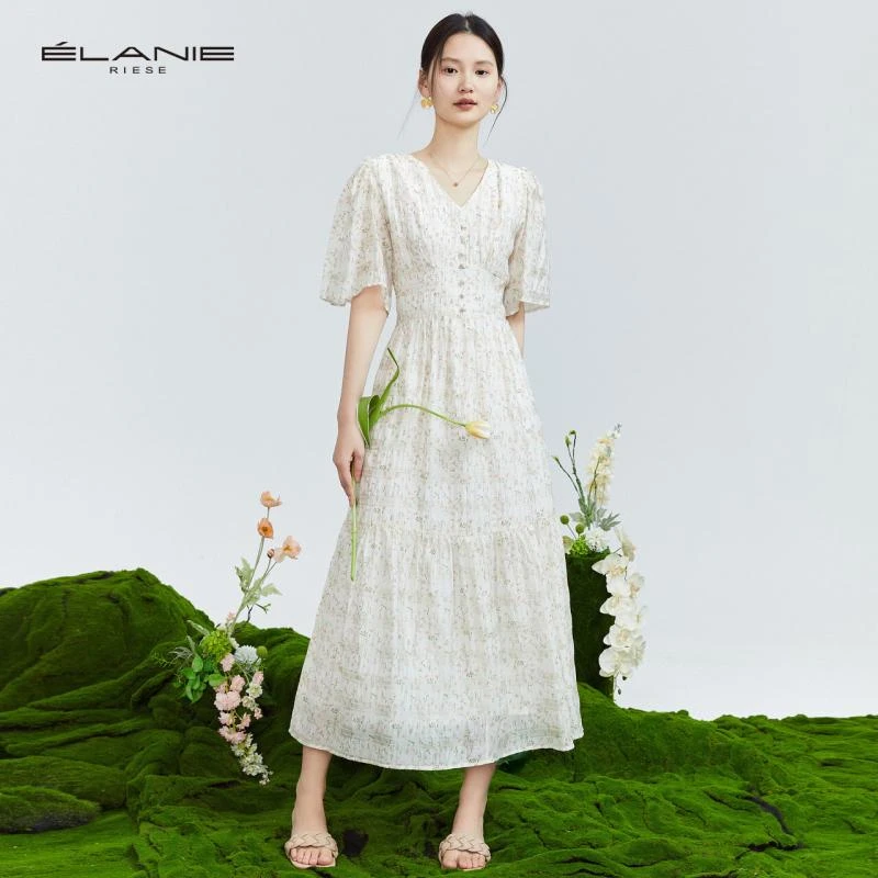 【小水专属】依兰 新款小碎花法式收腰雪纺连衣裙 E21W5B09L3