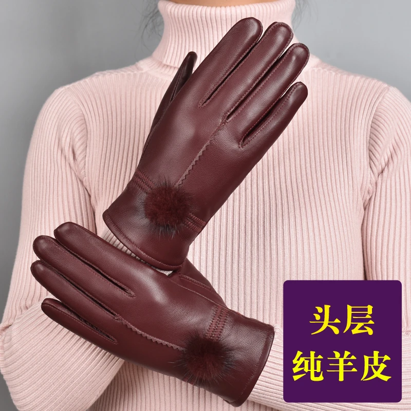 头层羊皮秋冬季女士真皮手套加绒加厚骑行开车防风防寒保暖棉手套