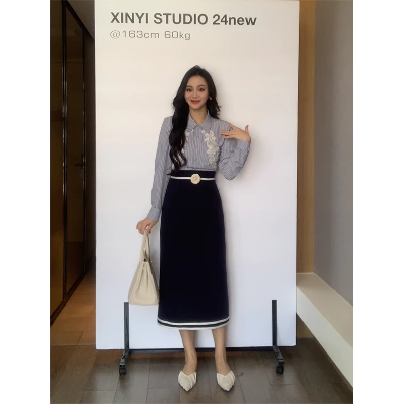 XINYI【中古甜茶】秋季格纹衬衫+半裙高腰显瘦两件套X624A12024