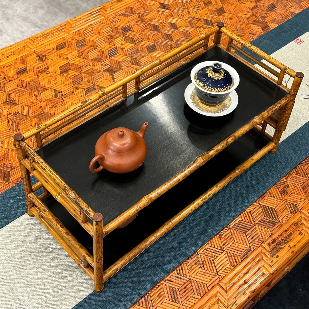 梅鹿竹双层置物架小茶棚纯手工内榫卯工艺大漆家用中式茶道