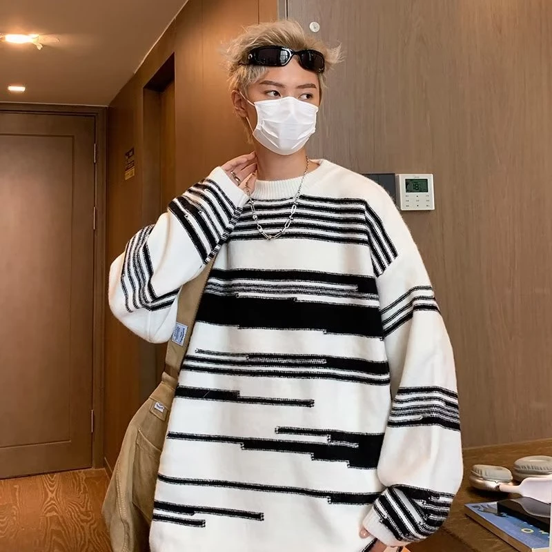 秋季潮流时尚新款不规则条纹毛衣男女同款气质黑白拼色长袖针织衫