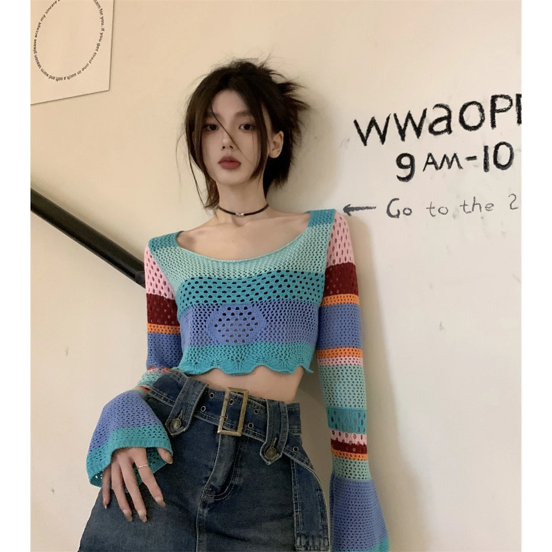 S设计感撞色镂空短款露脐长袖针织衫时尚辣妹修身显瘦防晒女薄款