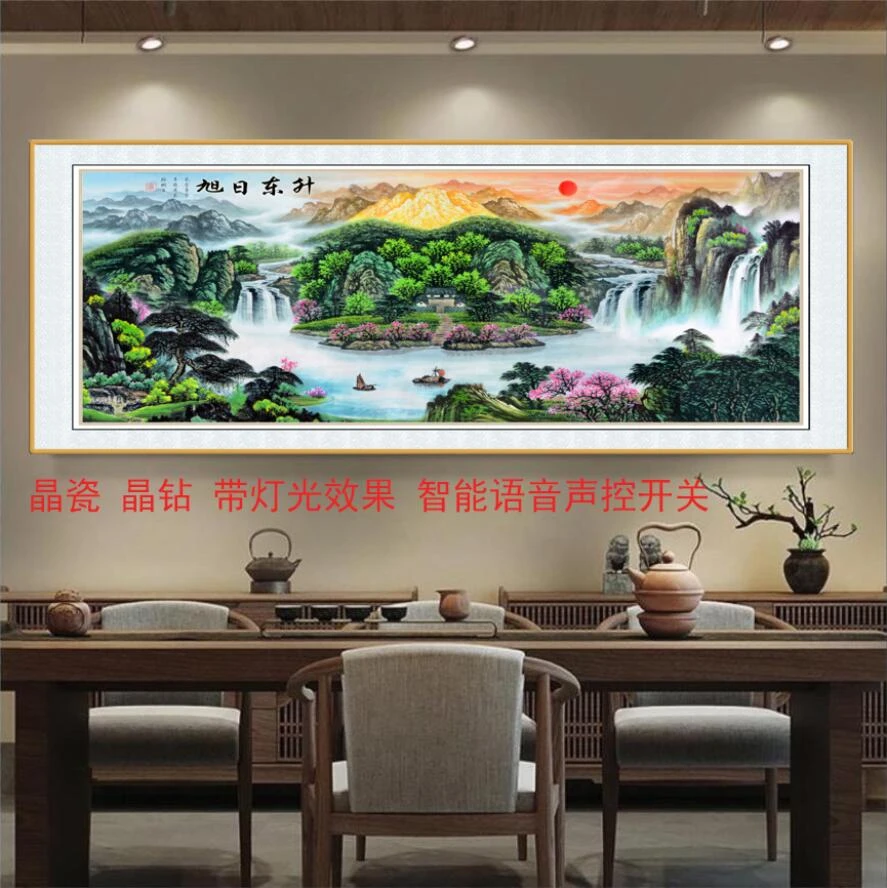 （新中式旭日东升横幅）客厅沙发轻奢晶瓷晶钻客厅挂墙壁画