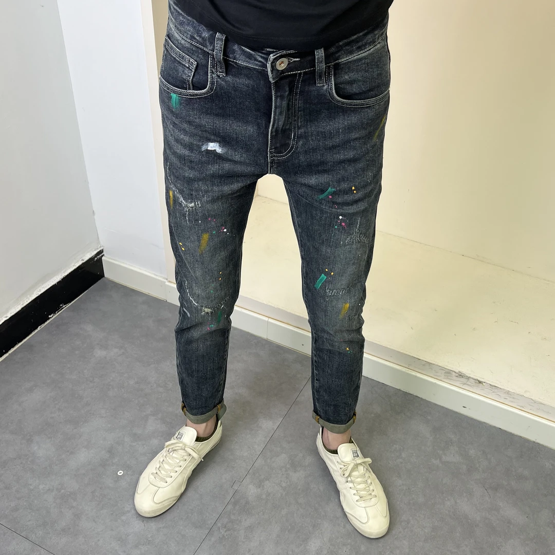 秋季新款高品质男补丁修身男款小脚牛仔裤潮牌痞帅破洞裤弹力休闲