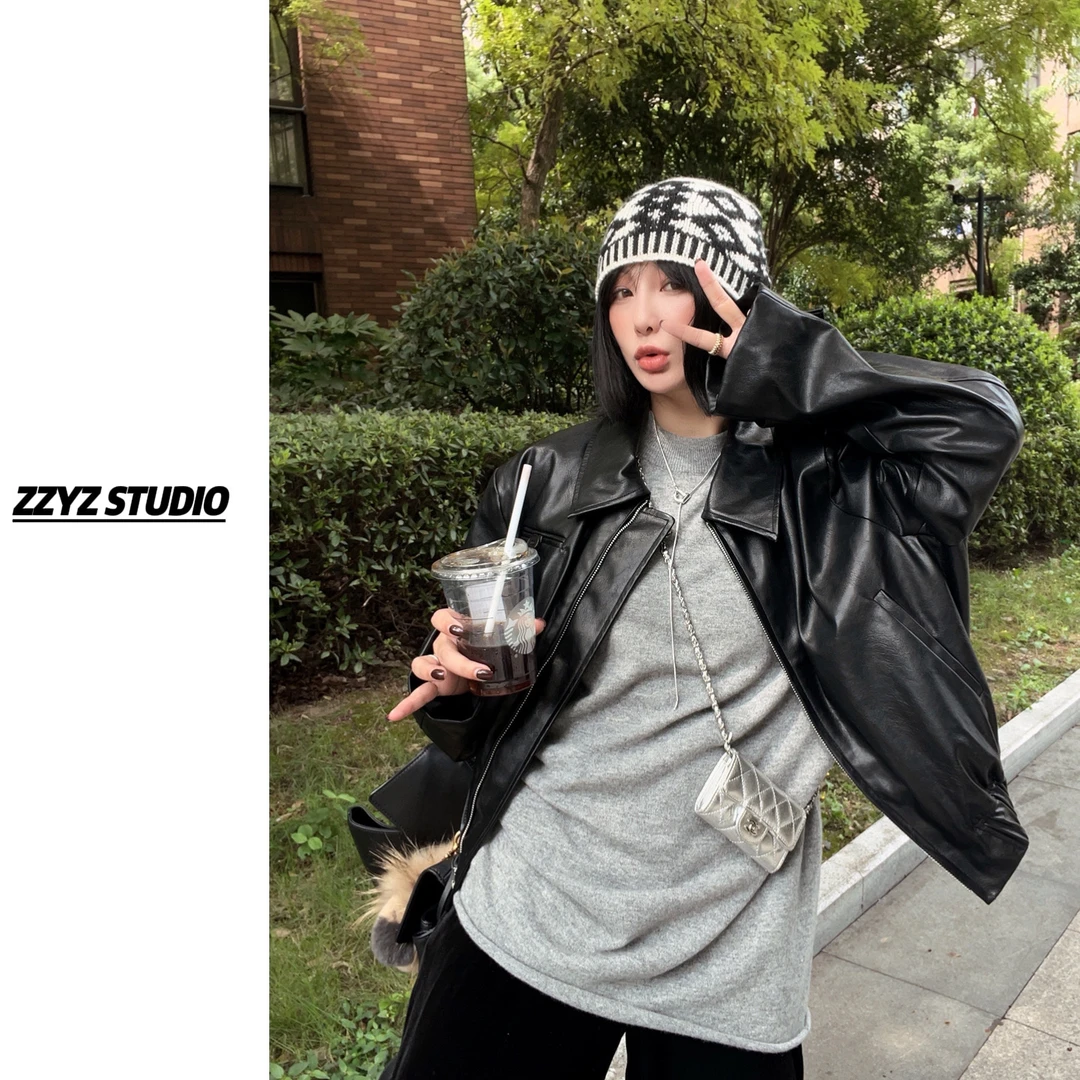 黑海日落time'黑色机车皮衣复古夹克外套女早秋翻领上衣 404366