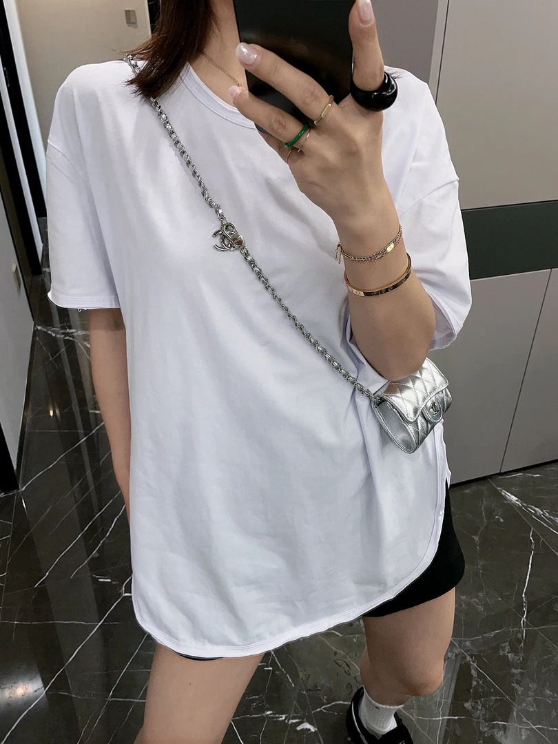 弧形短袖t恤 女宽松显瘦内搭圆领开叉打底上衣