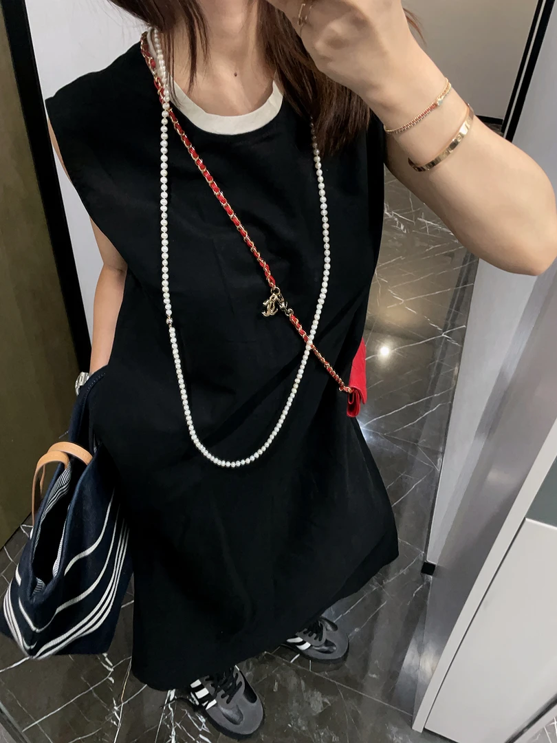 撞色边棉麻无袖韩版设计师款连衣裙 24992