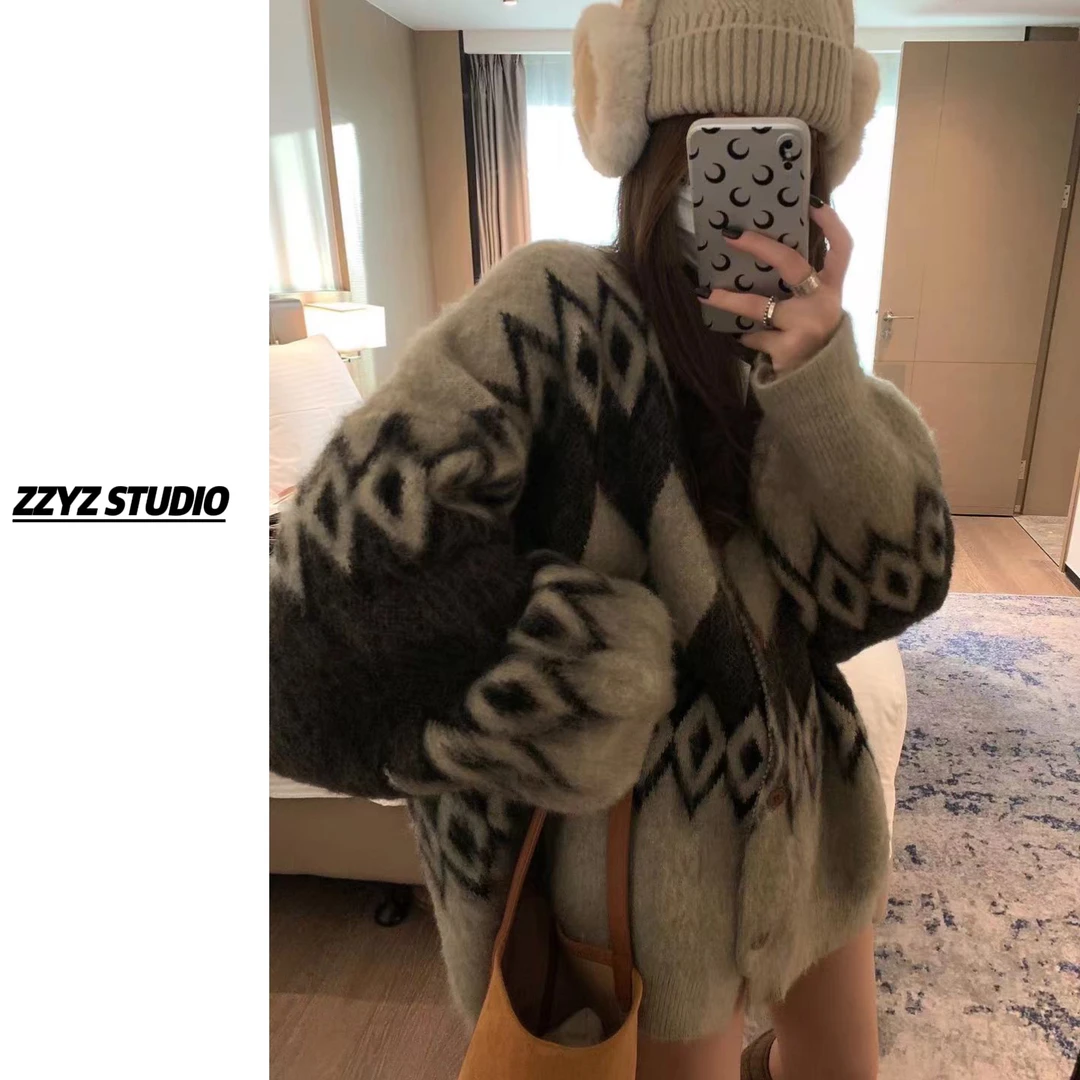 费尔岛松弛大毛衣外套～菱格拉毛休闲宽松软糯毛衣外套大开衫