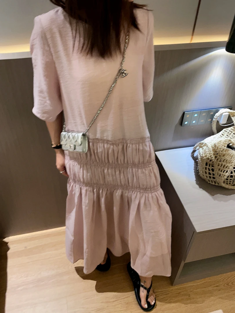 遮拜拜肉温柔粉仙女群 拼接大摆打揽氛围感长裙