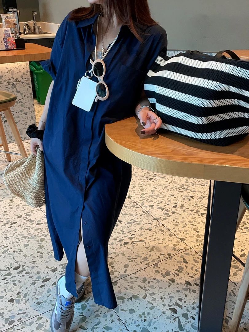 中长款廓形短袖休闲侧开叉衬衫连衣裙