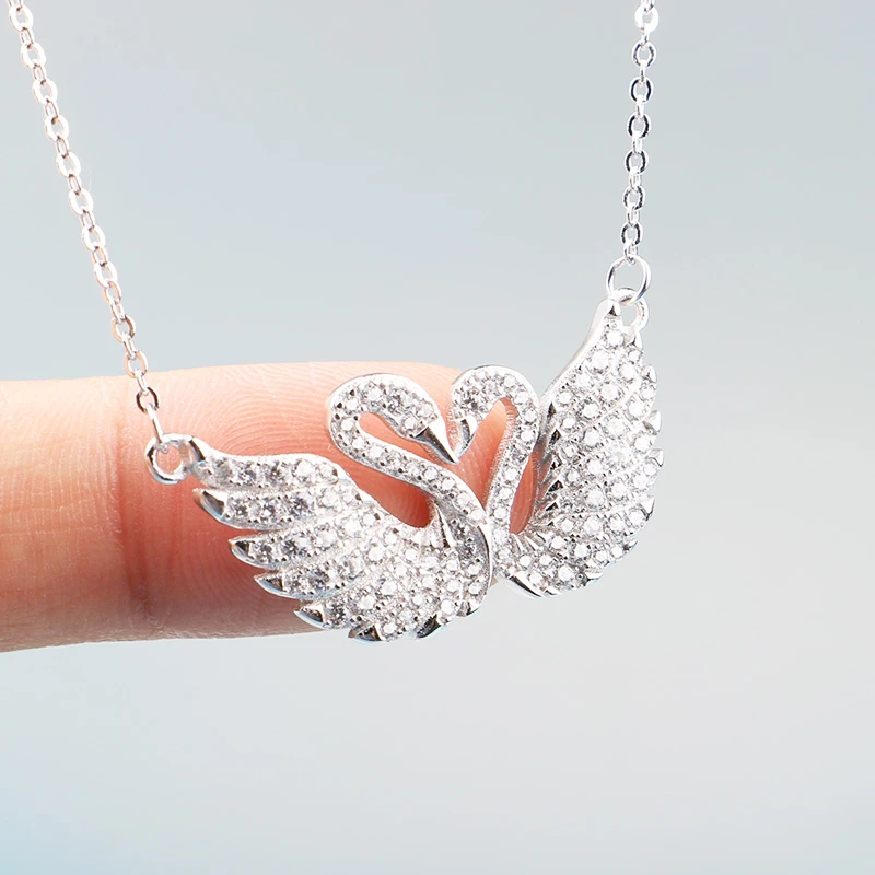 坠链均925银合成锆石 925纯银项链双天鹅锁骨链送女友轻奢时尚