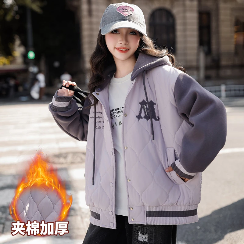 女童外套秋冬装2024新款儿童加厚棒球服中大童加厚连帽上衣6-12岁