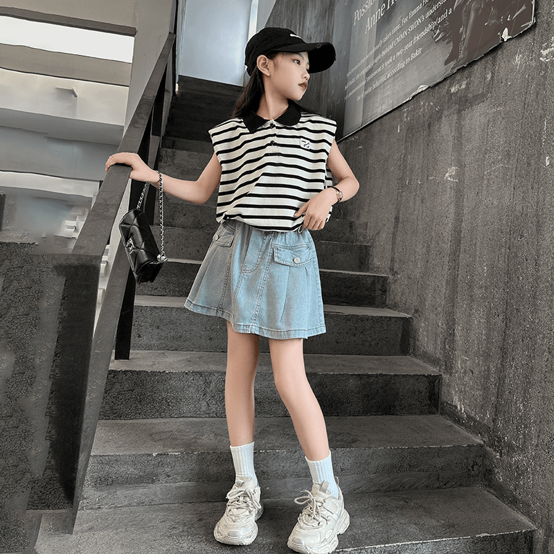 女童套装夏季2024新款洋气儿童条纹Polo短袖薄款两件套夏装中大童