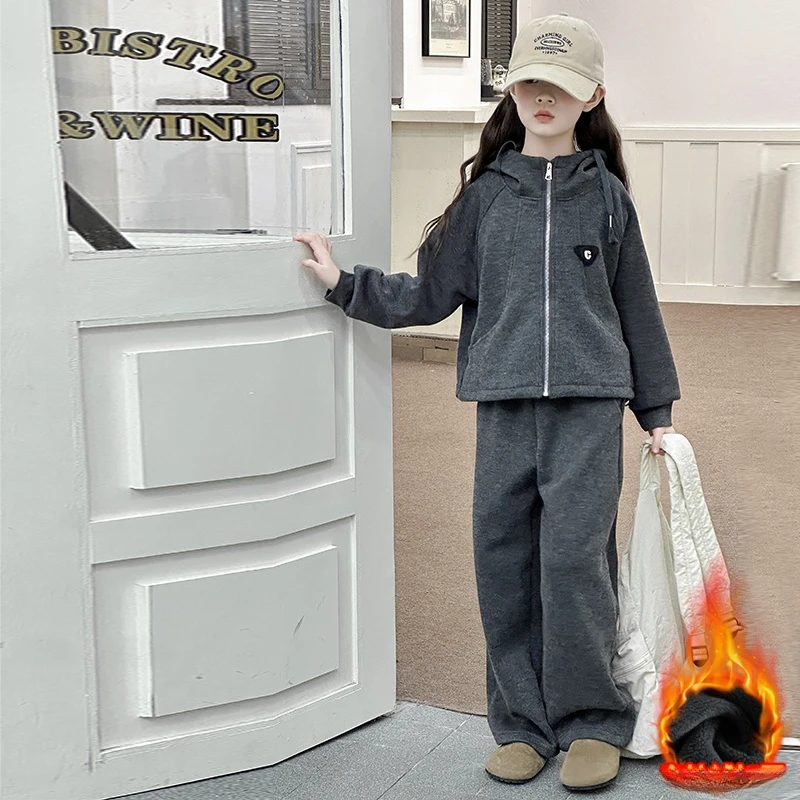 女童加绒套装秋冬2024新款洋气儿童时髦休闲衣服中大童运动两件套