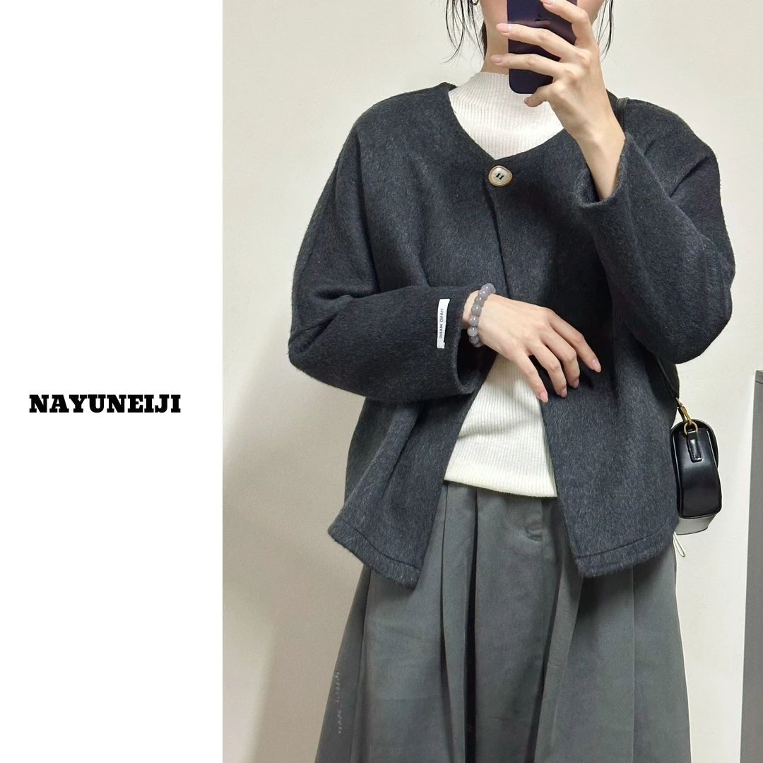 2024新款无领单扣款韩版简约短款双面大衣毛呢外套83028-1
