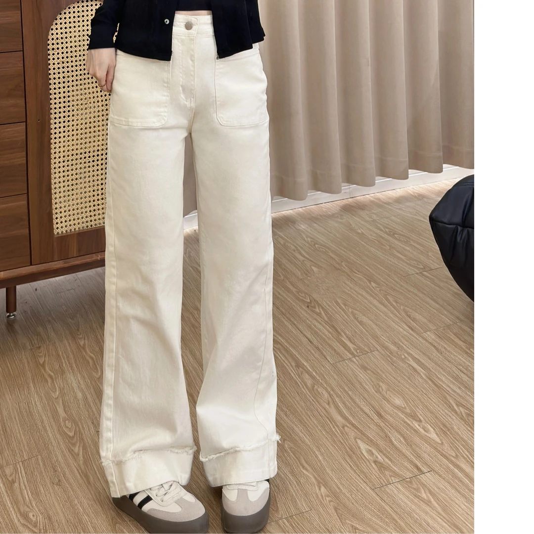 2025年春夏直筒白色弹力牛仔裤宽松高腰显瘦阔腿直筒裤秋季白色裤
