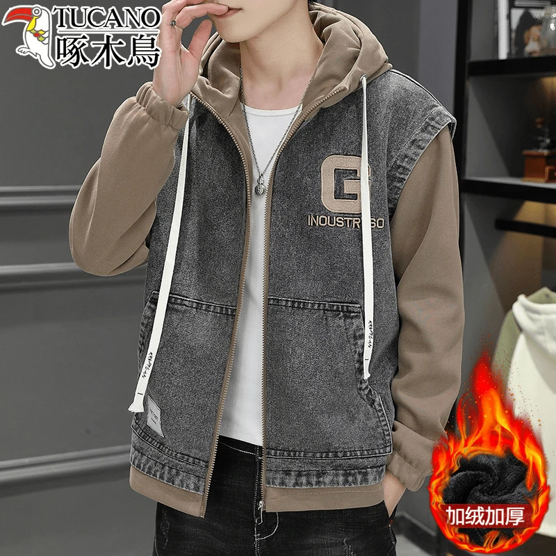 啄木鸟春秋季青少年假两件连帽薄款牛仔夹克男士潮牌休闲加厚外套