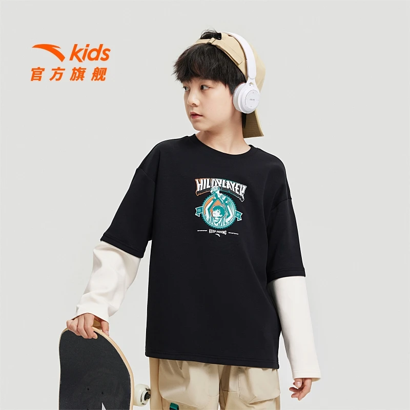 anta kids/安踏儿童少年顽家男大童针织长袖衫新派简约潮流圆领