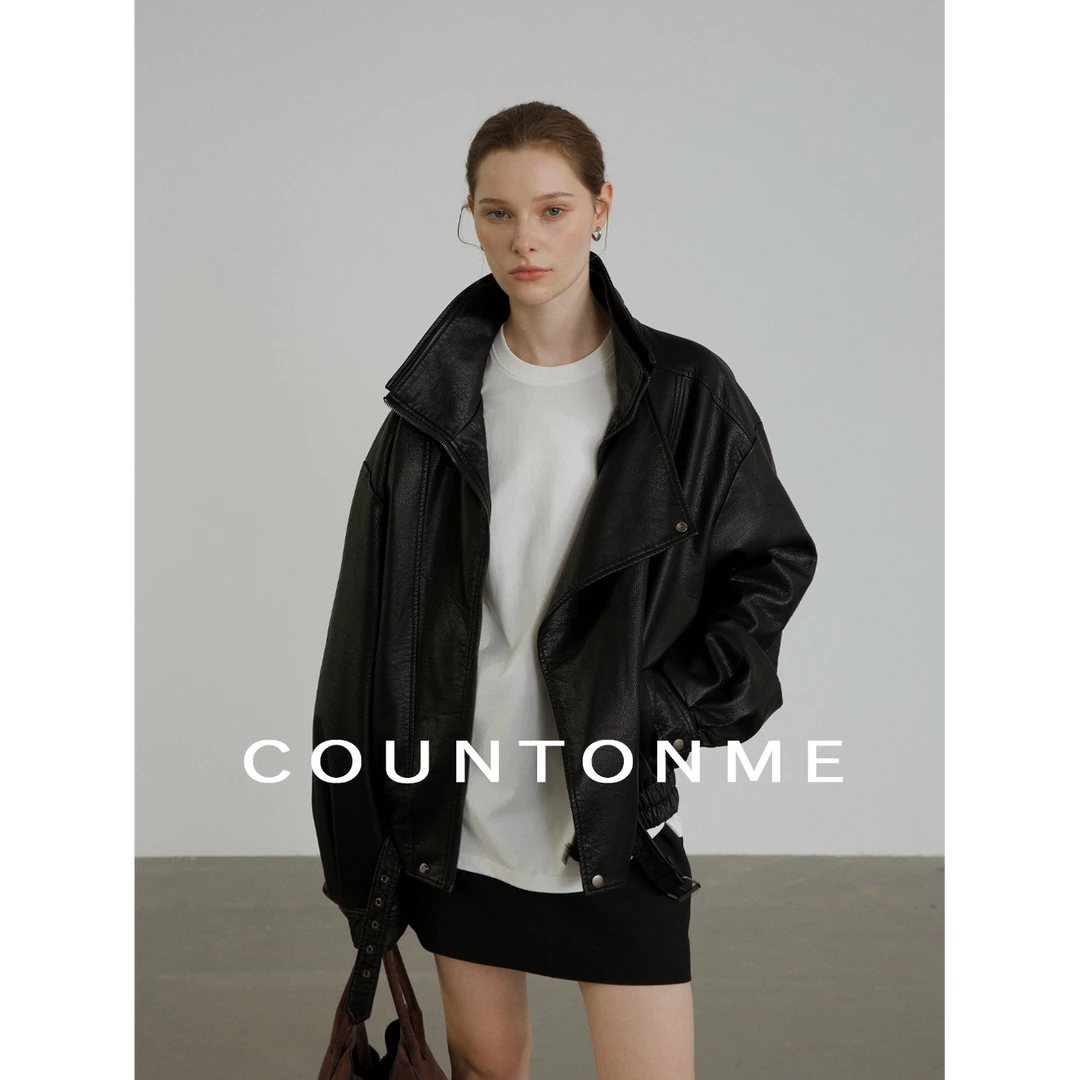 COUNTONME 极简环保PU皮短款夹克外套