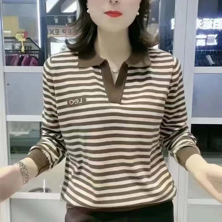 春秋长袖薄款翻领t恤女士显瘦打底衫条纹时尚宽松妈妈小衫上衣
