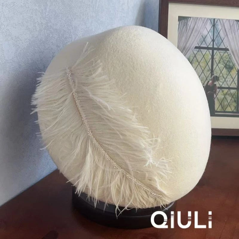 法式优雅气质羽毛定型贝雷帽澳毛毡帽1d2032