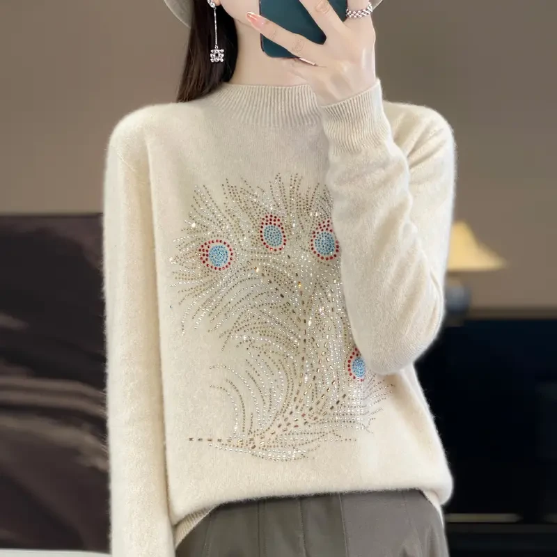 【100%羊毛】2025秋冬新款羊毛衫羽毛烫钻女半高纯色内搭百搭