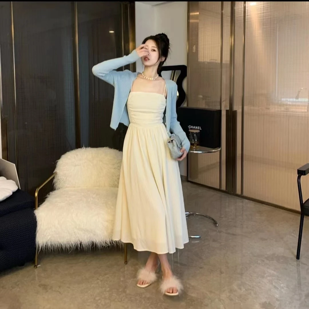 2024夏季新款法式仙女裙质感高级感纯色吊带连衣裙子温柔小香风女