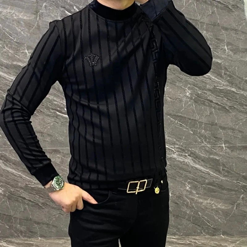 B897男士半高领打底衫植绒烫钻潮流修身打底长袖T恤商务休闲内搭