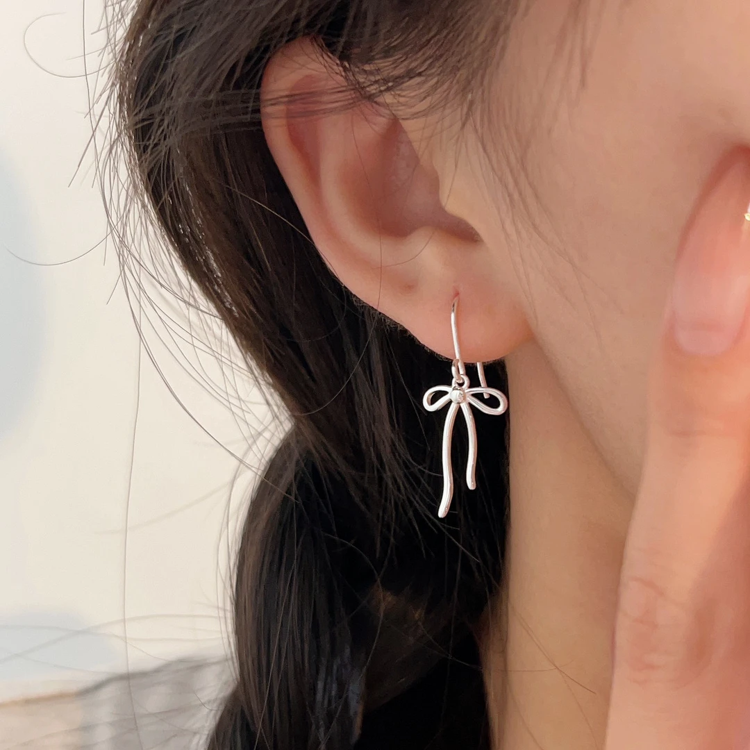 925银耳饰 甜美通体纯银蝴蝶结百搭个性简约气质耳环精致长款耳坠