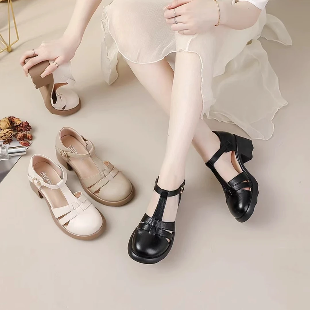 圆头罗马凉鞋软底软面镂空舒适百搭时尚休闲厚底真皮皮鞋方根凉鞋