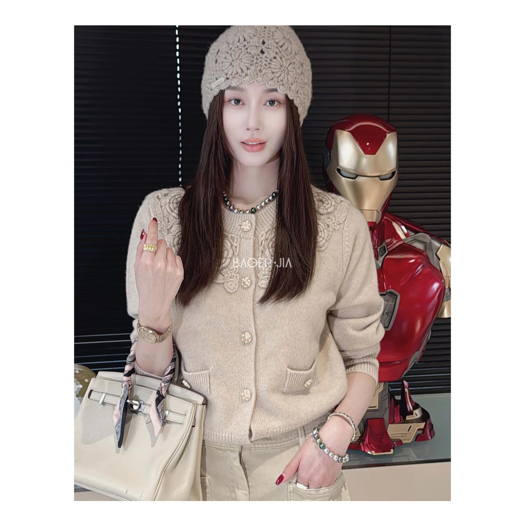 6-宝儿家含幂BV66924410冬季新款穿搭立体手工勾花100山羊绒开衫