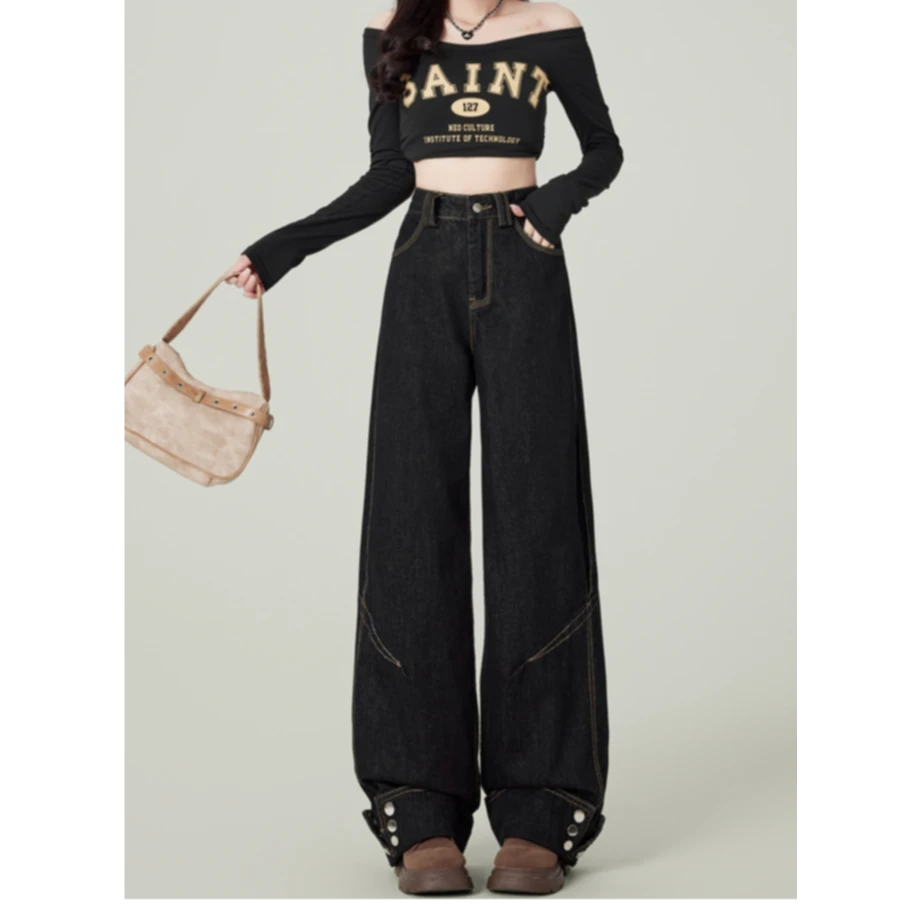 美式高街翻边设计阔腿牛仔裤女2025春季新款高腰宽松显瘦潮1399#