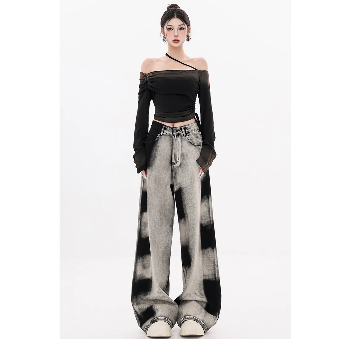 【现货现发】渐变扎染撞色阔腿牛仔裤女秋冬新款宽松垂感直筒拖地裤
