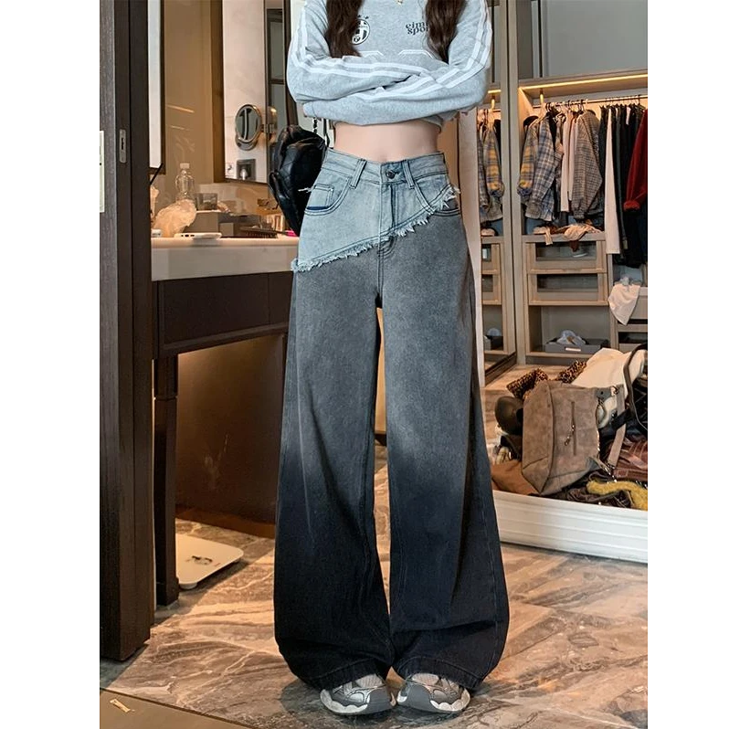 【现货现发】美式高街渐变拼接设计加绒加厚保暖阔腿牛仔裤子女新款