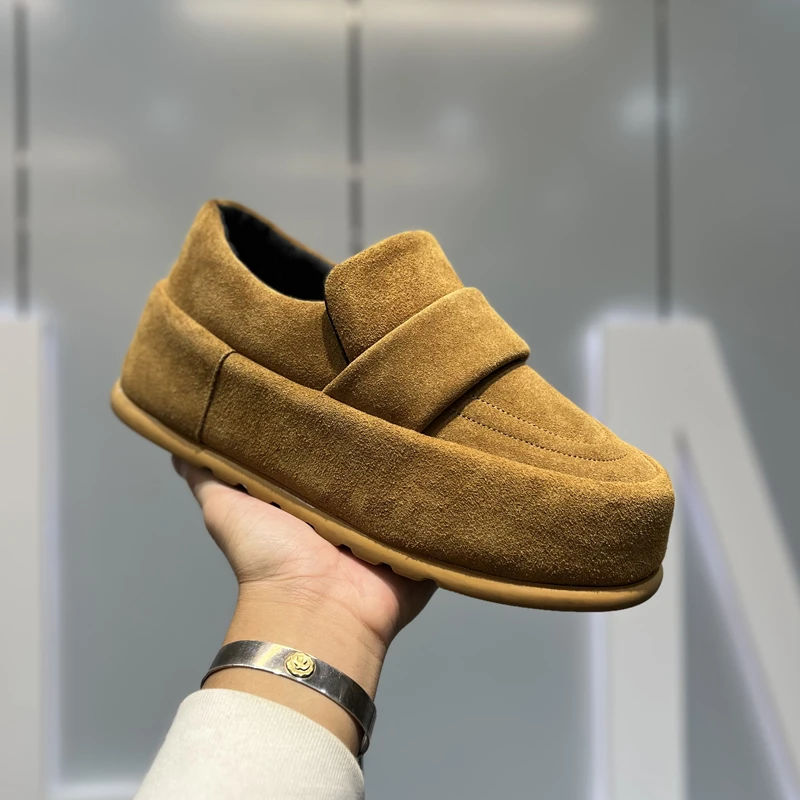 轻奢真皮翻毛皮厚底增高面包鞋时尚小众个性简约男士潮流休闲鞋秋