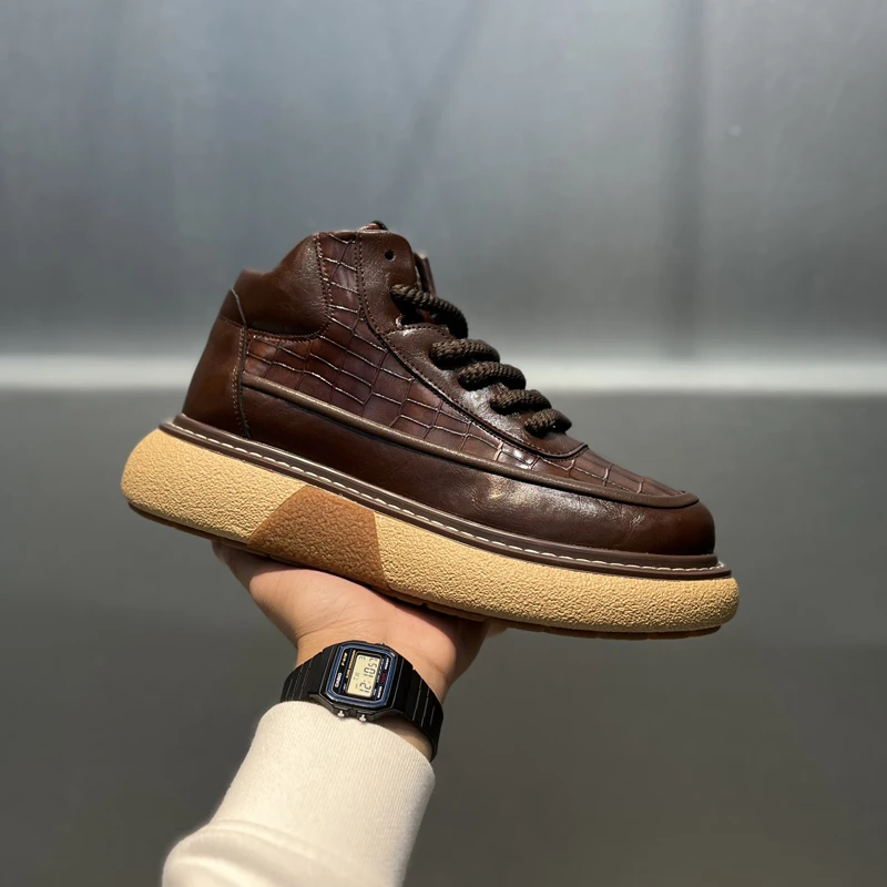 厚底鳄鱼纹切尔西靴2024秋冬新款时尚百搭舒适男士潮流休闲高帮鞋