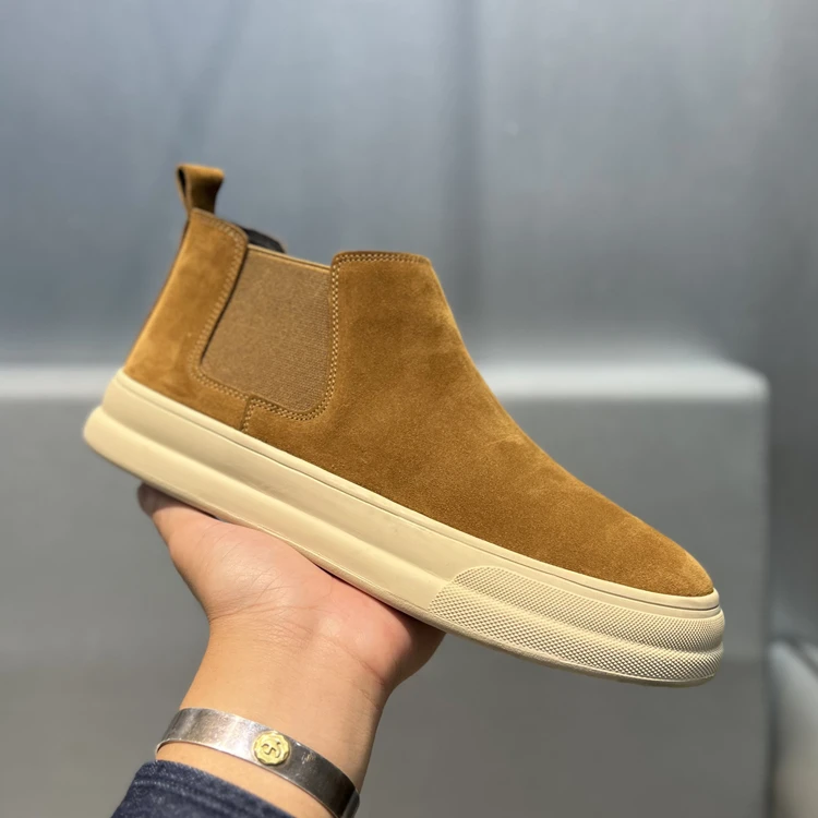 简约纯色翻毛皮一脚蹬短靴时尚百搭舒适真皮男士潮流高帮休闲鞋秋