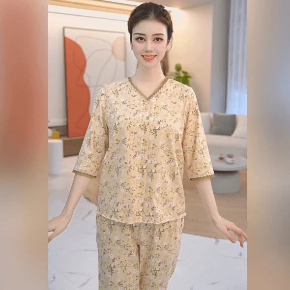 睡衣女春秋季纯棉七分袖长裤宽松大码女士可外穿秋季款家居服套装