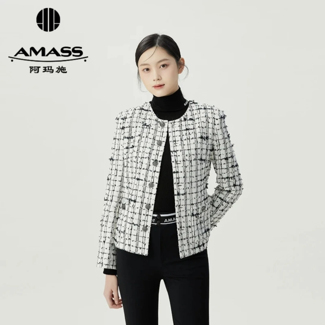 【阿玛施AMASS】5400847新款经典气质黑白格纹质感花呢小香风外套