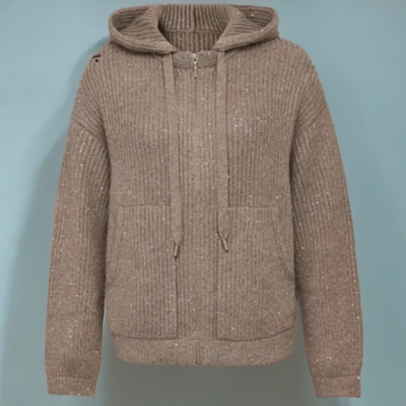 【AMASS/阿玛施】548001秋冬新款质感气质亮片宽松连帽针织衫外套