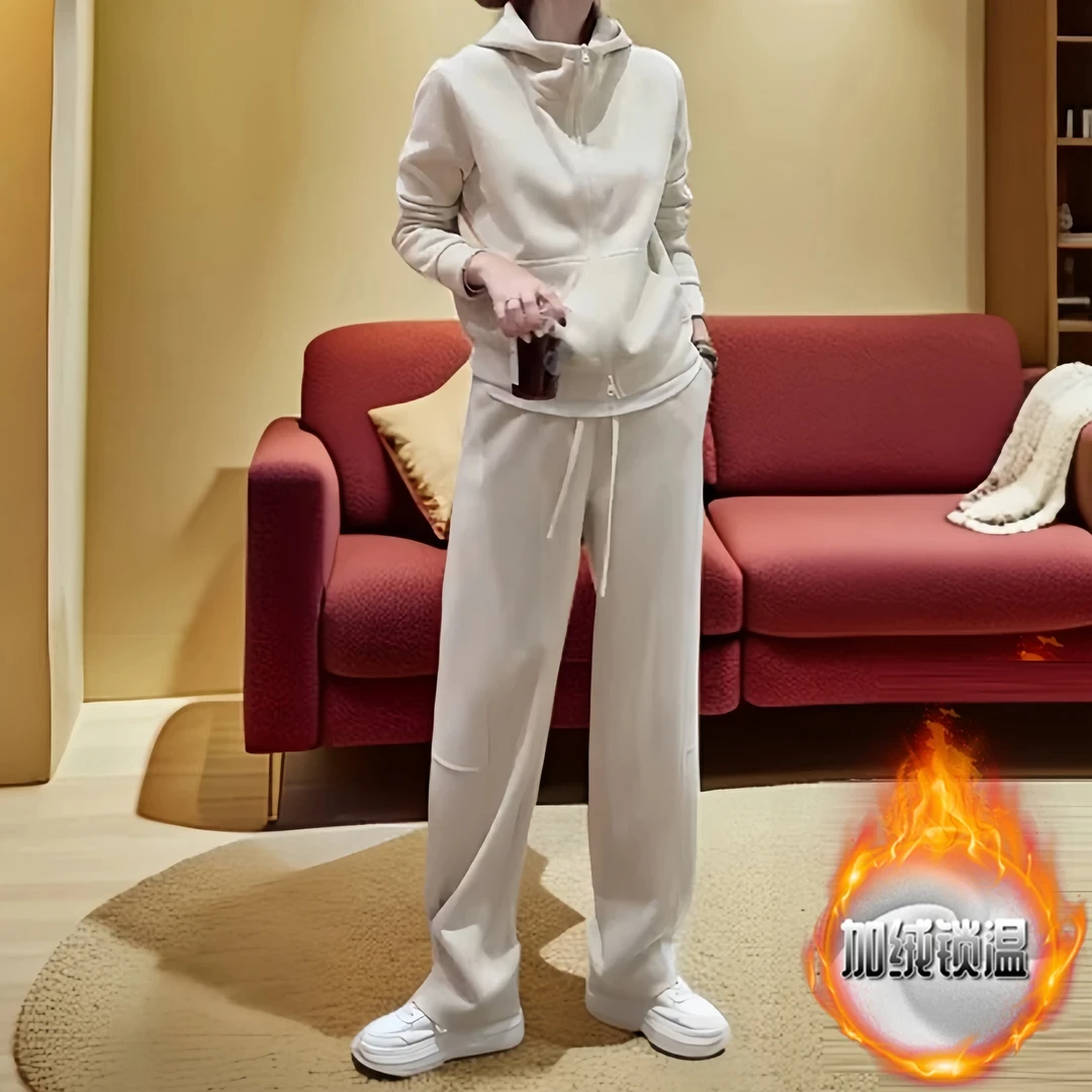 纯色加绒加厚连帽卫衣休闲裤套装女2024冬季新款文艺通勤两件套潮