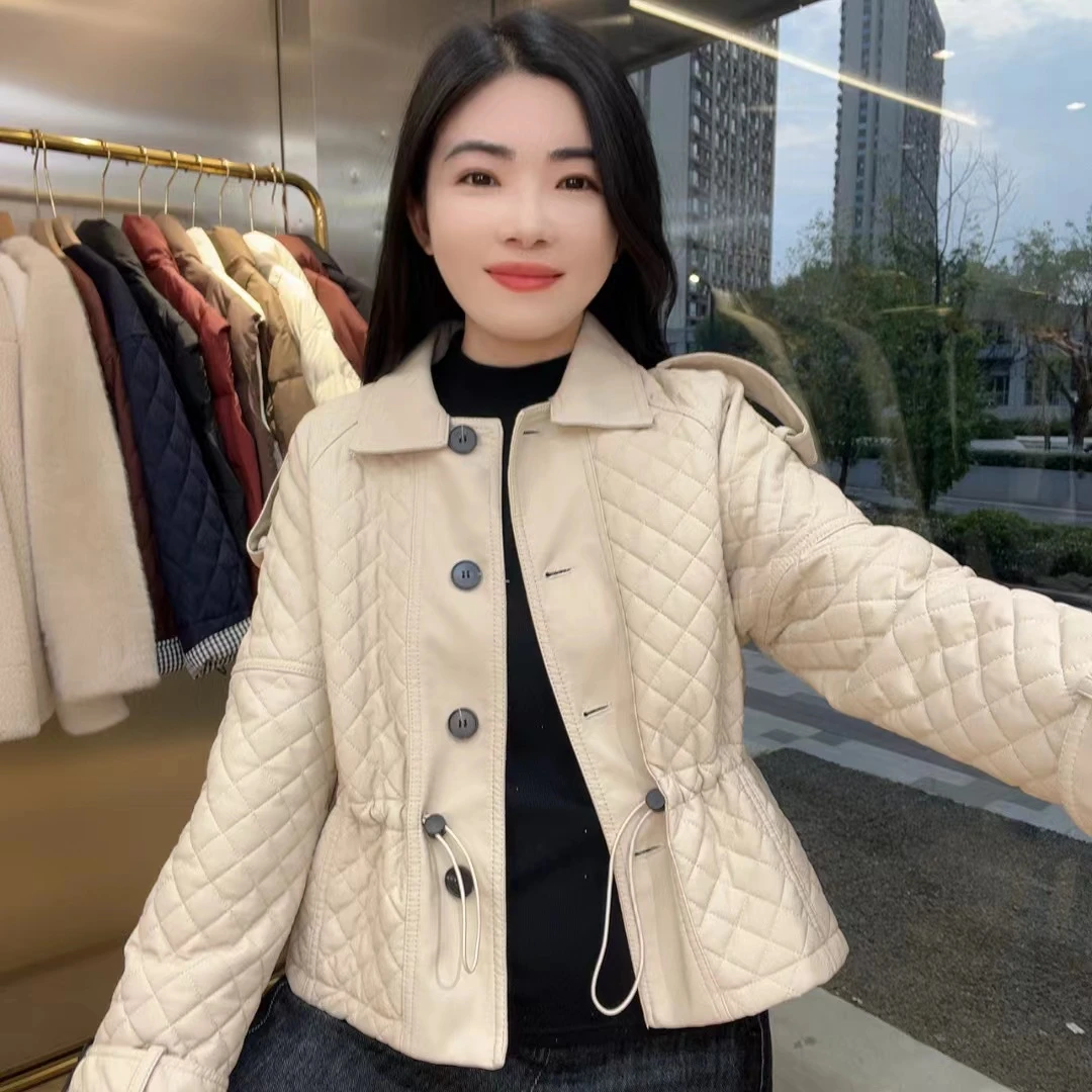 QC 242203 加棉菱格皮衣外套棉服纯色百搭上衣