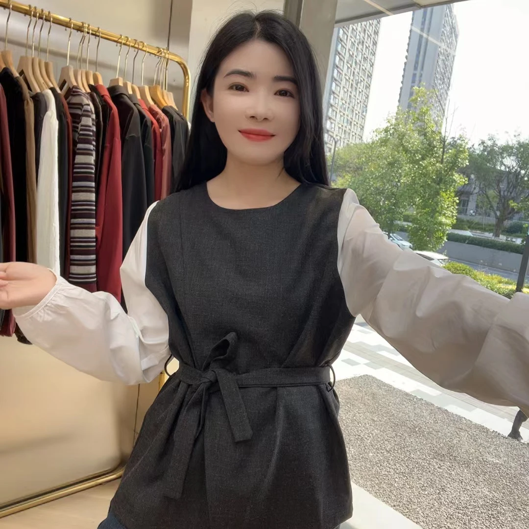 QC 241904复古圆领撞色拼接开叉系带长袖衬衫