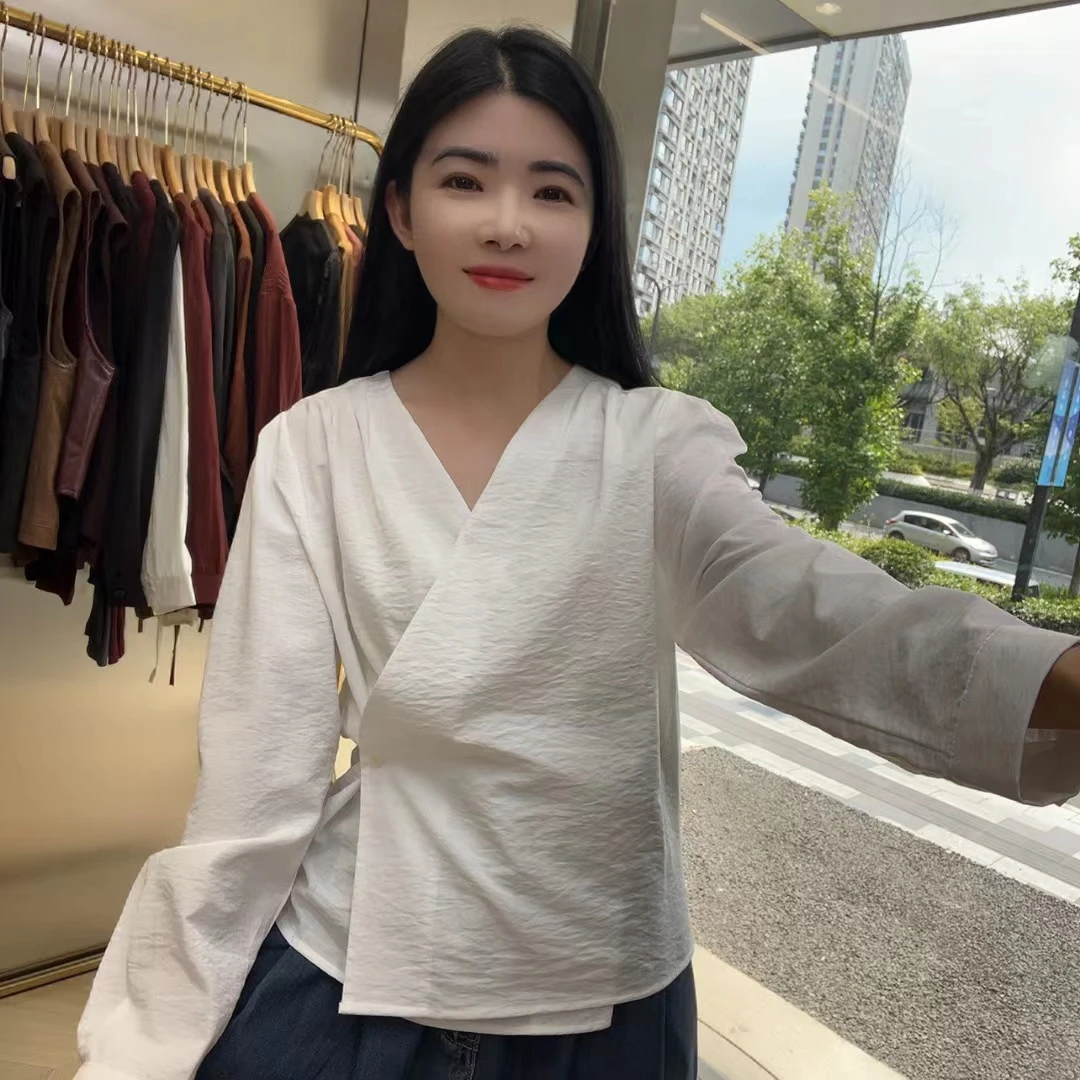 QC 241792 绑带V领收腰显瘦衬衫韩系长袖