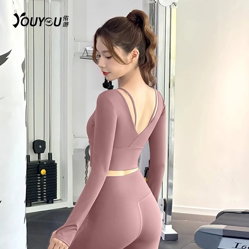 佑游33414瑜伽服女套装新款长袖紧身运动上衣跑步普拉提健身服