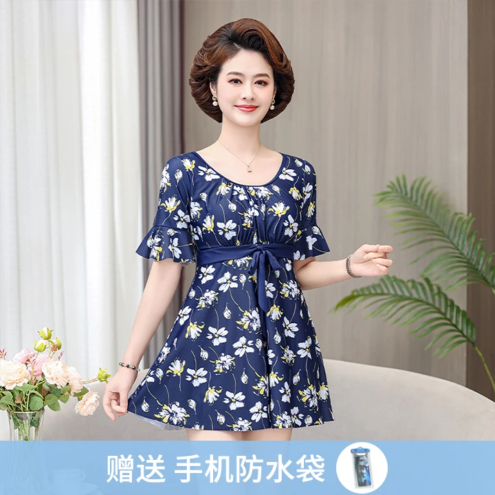11703妈妈女式泳衣女保守显瘦遮肚大码分体中年款泡温泉游泳衣